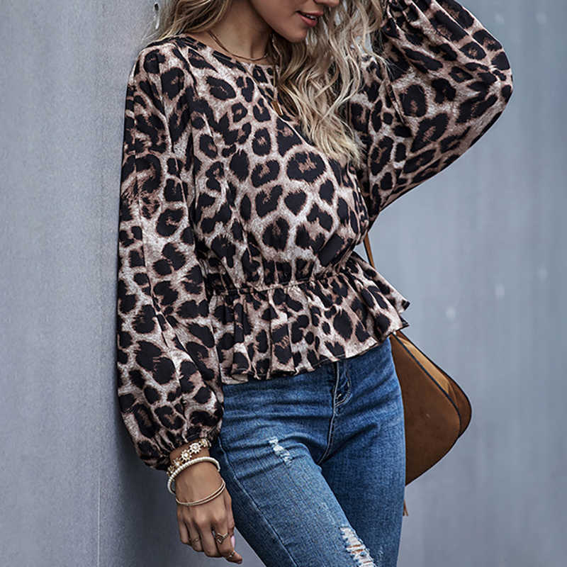

Fashion Leopard Printed Women Blouse Casual Loose O-Neck Long Sleeve Elastic Waist High Street Lady Blouses W235 210526