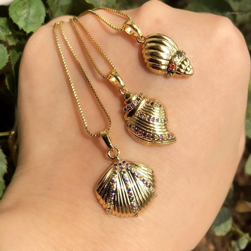 

Chains Shell Shape Pendant Necklaces For Women Gold Color Copper Micro Pave Colorful Zirconia Link Chain Conch Necklace Beach Jewelry