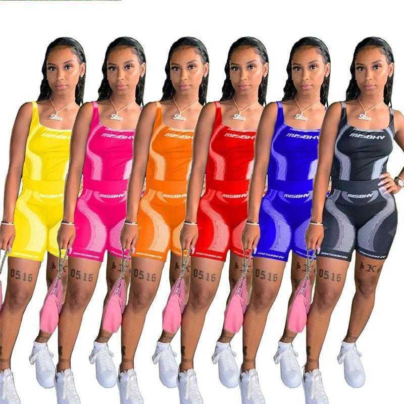 Été Femmes Survêtements Deux Pièces Ensemble Shorts Tenues Sexy Gilet Sans Manches Pantalons Costumes Lettre Imprimé Sportswear Jogging Costume S