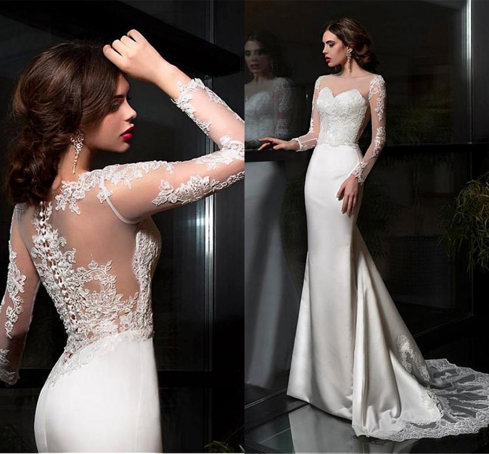 

2021 New Designer Elegant Satin Bateau Neck Sheath Wedding Es with Lace Appliques Train Long Sleeves Bridal G2fq, Ivory