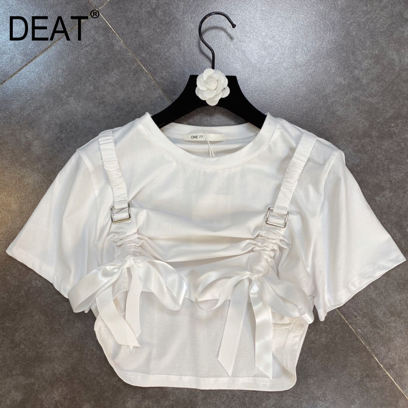 

Women Drawstring Elastic Ribbon Bow T-shirt Solid Color Round Neck Short Sleeve Loose Fit Fashion Summer 11B772 210525, Black