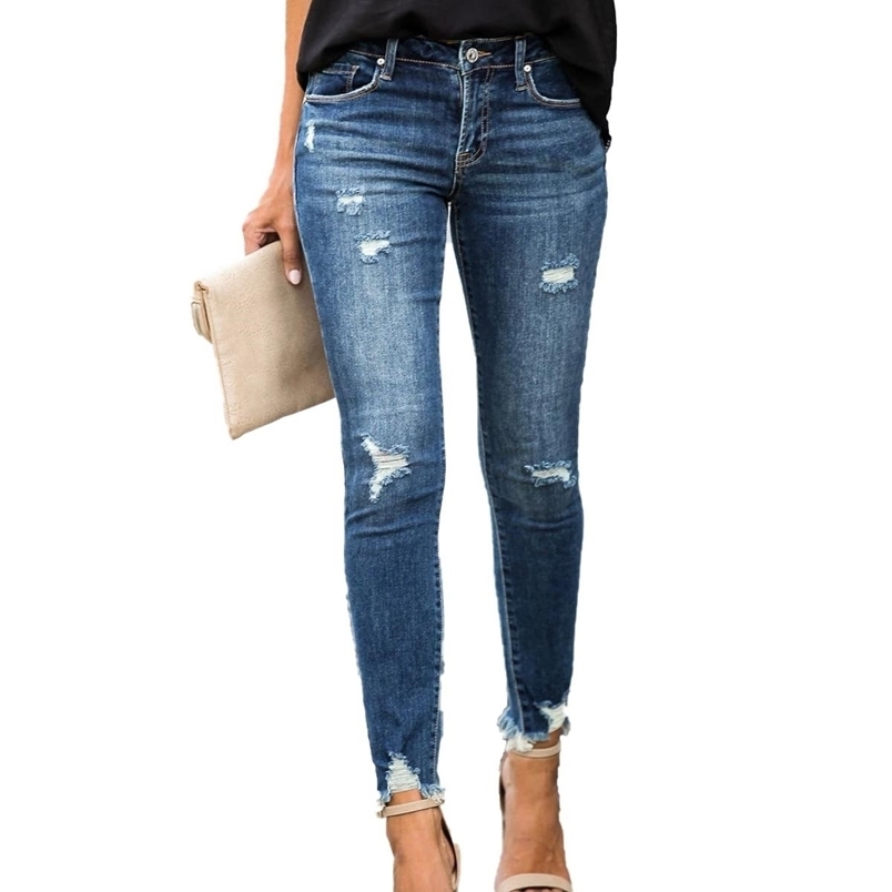 

Mid Waist Skinny Jeans Women Vintage Distressed Denim Pants Holes Destroyed Pencil Casual Trousers summer Ripped 210708, 9035 dark blue