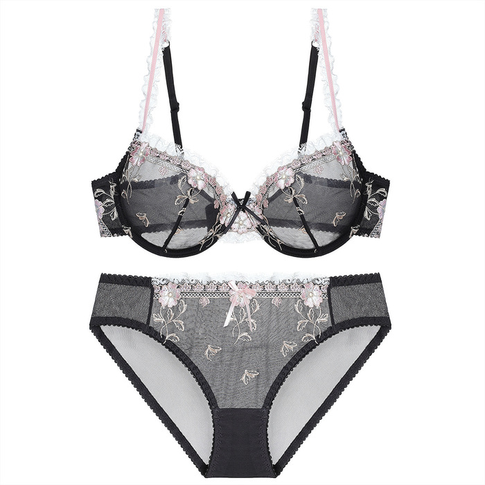

NEW Women Embroidery Transparent Bra Plus Size Lace Bra Brief Sets Sexy Lingerie Bikini Intimates Set NEW, As picture