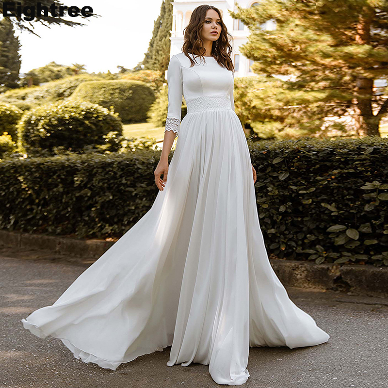

New Chiffon a Line Wedding Es 2021 Satin Top Half Sleeves Bride Gowns Beach Bohomian Vestido De Novia 829e, White
