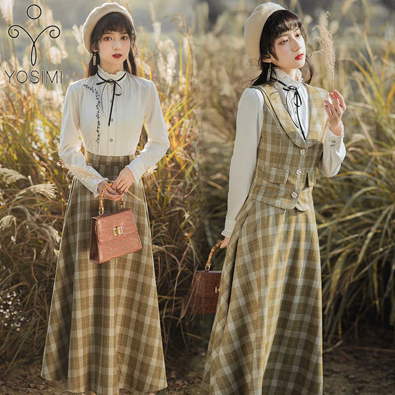 

YOSIMI Spring Floral Embroidery 3Piece Women Outfits Full Sleeve White Shirt and Plaid Skirt Vest Female 3 Pieces Sets 210604, Shirt and skirt set