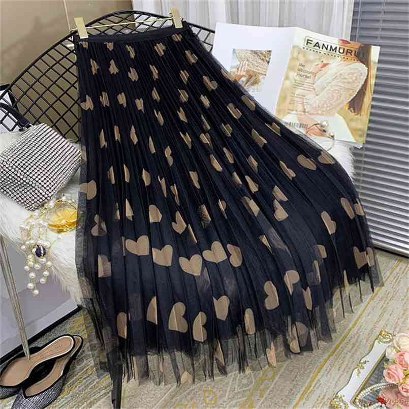 

High waist pleated skirt women autumn winter Korean love mesh print Vintage long yarn woman s 210702, Black