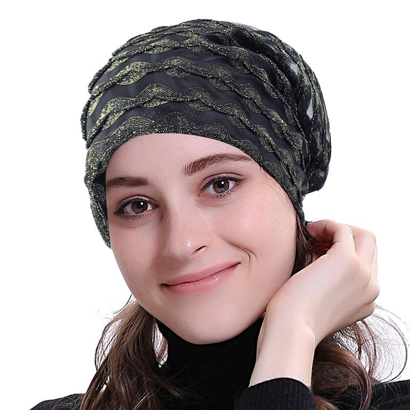 

Beanie/Skull Caps Fashion Women Pattern Lace Skullies Beanies Hat For Ladies Slouchy Hollow Turban Hats Thin And Thick Slouch, Gold