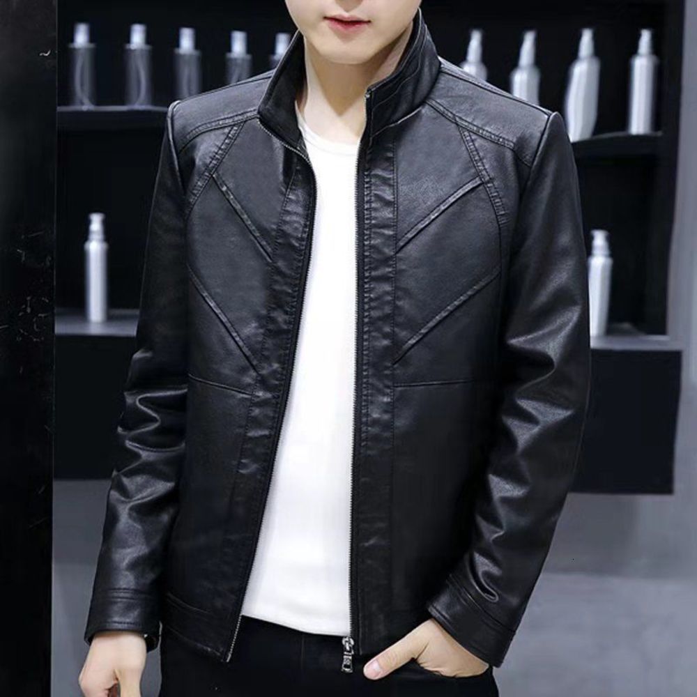 

Winter men's coat thick Plush thin middle-aged and young leisure Korean fashion Pu motorcycle leather jacket men, Black