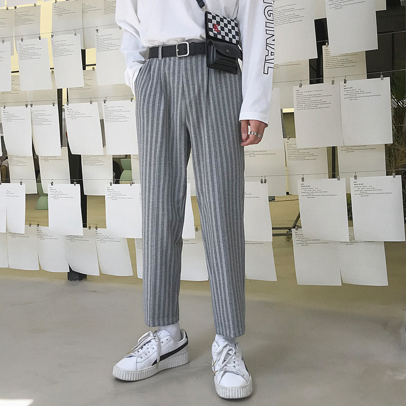 

2021 New Men's Slim Fit Stripe Printing Suit Cotton Harem Casual Pants Leisure High-quality Male Western-style Trousers 28-34 6x4e, Khaki