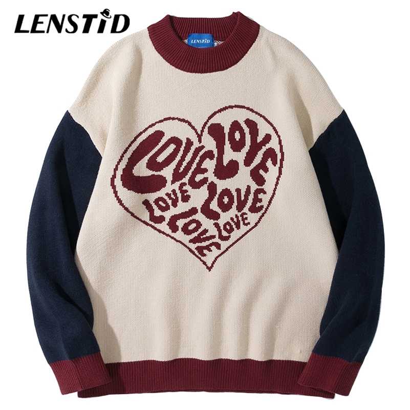 

LENSTID Men Hip Hop Knitted Jumper Sweaters Cute Heart Letter Print Patchwork Streetwear Harajuku Autumn Casual Loose Pullovers 211109, Khaki