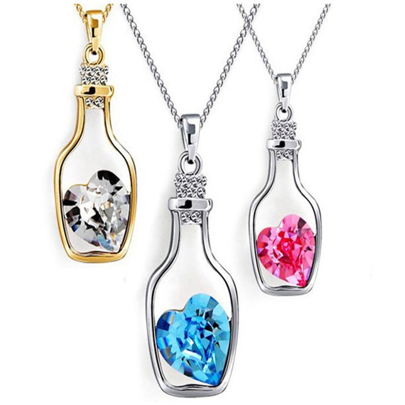 Creative Wishing Bottle Pendant Necklace Diamond Heart Shaped Gemstone Necklaces Party Ladies Fashion Accessories Gift, Silver