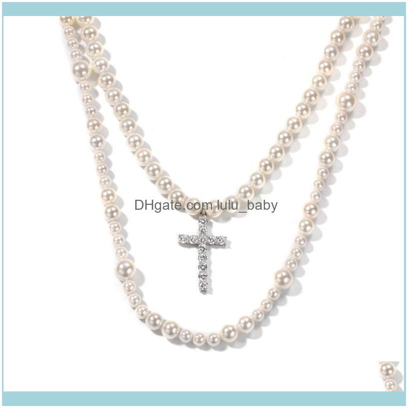 

Chains Necklaces & Pendants Jewelrychains Europe Hip Hop Exaggeration Cross 8-10Mm Pearl Necklace Pendant Fashion Out Men And Women Jewelry