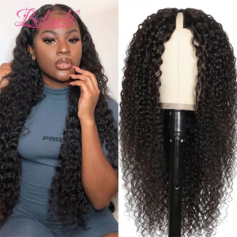 

Glueless Jerry Curly Human Hair Sew In No Glue NO Leave Out V Wig Beginner Friendly Thin Part Wigs, Natural color