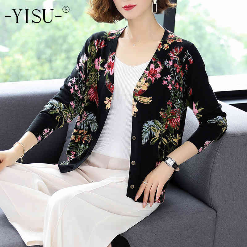 

Women's Sweaters YISU Casual soft Cardigan Autumn Winter Knit Top Soft Sweater Coat Long sleeve V-neck Floral print knitted cardigan IXJJ, 1# shoe box