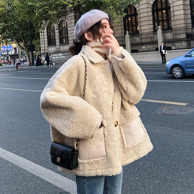 

Lamb wool autumn and winter loose fur one thick plush short lamb wool plus fat coat jackets women wool coat, Black;brown