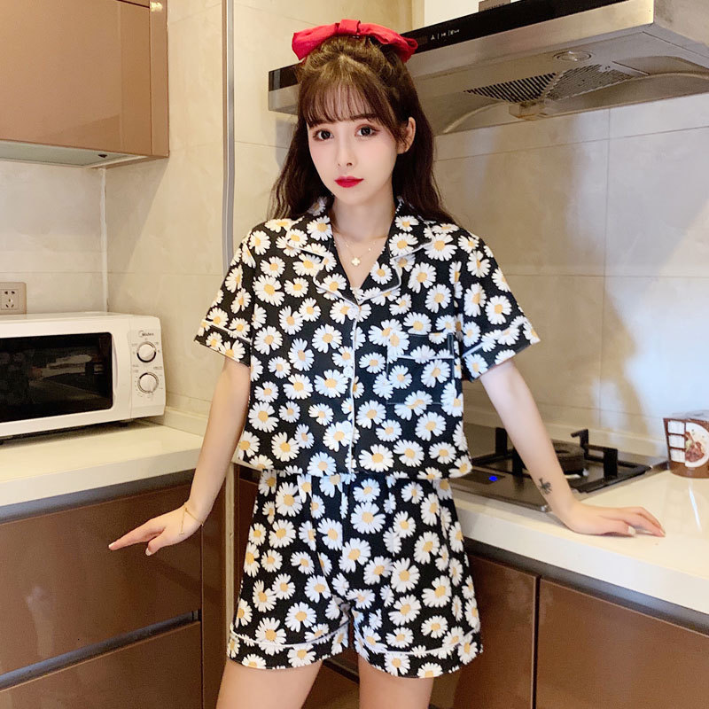 

Black Daisy Printed 2pcs Paige a Women's Summer Suit Turned His Neck Shirt & Shorts Nightwear Bcjl, Black-1