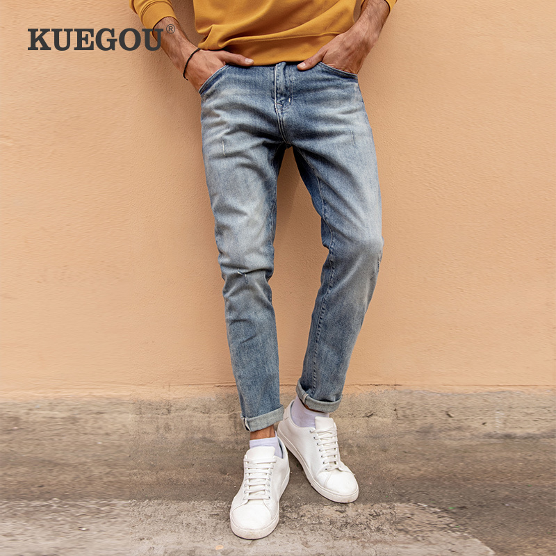 

KUEGOU Autumn Spring Clothing Man Jeans Scratched Wear Slim Fashion Trousers Stretchy Vintage Denim Men pants LK-1839, Light blue