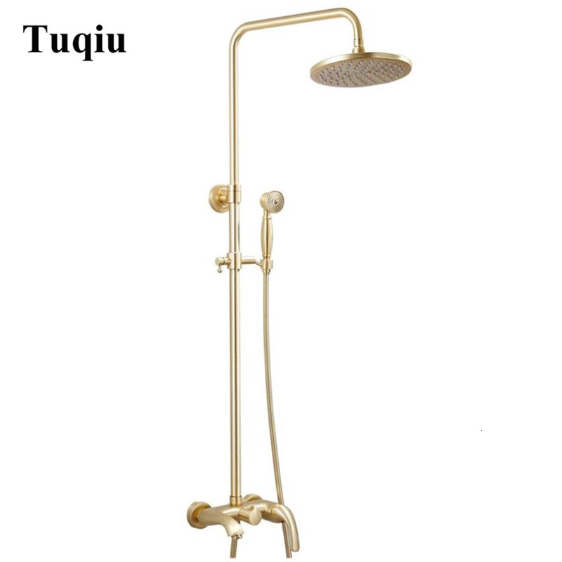 

2021 New Luxury Brass Rain Shower Set Wall Mount Gold Brush Bathroom with Slide Bar Bathtub Faucet Heke