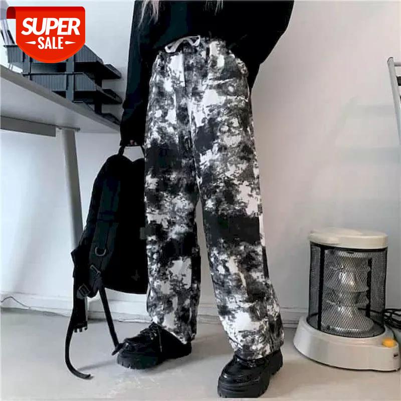 

Casual Pants women 2020 new Korean version ins retro tie-dye straight casual trousers loose bf high waist wide leg pants trend #LJ1C, Black;white