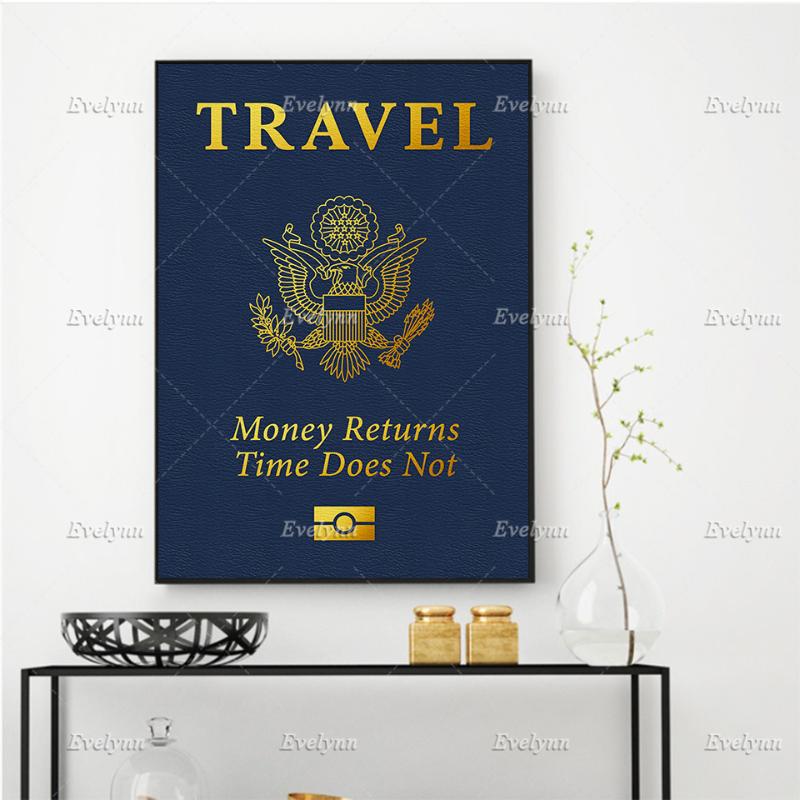 

Paintings Motivational/Inspirational Canvas Poster- Passport Travel "Money Returns Time Does Not"Wall Art Office/Home Decor Floating Frame