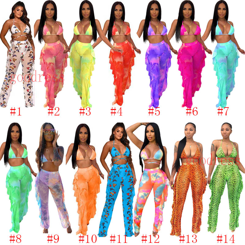 

Womens bikini 2 two piece outfits set Sexy Perspective mesh swimsuits bandage bra ruffle long pants Swimwear clubwear plus size clothing, Mix colors