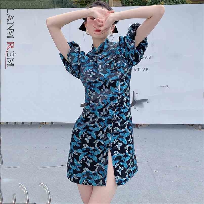 

Women Printing Split Dress Stand Neck Short Sleeve Loose Fit Female Fashion Spring summer Arrivals 2E2003 210526, Blue