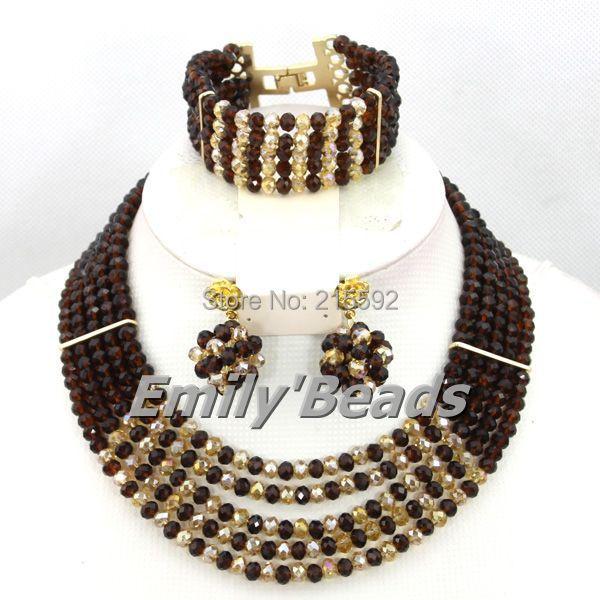 

Earrings & Necklace Brown African Crystal Beads Jewelry Set 2021 Design Nigerian Wedding Bridal Sets Wholesale AIJ340, As pic