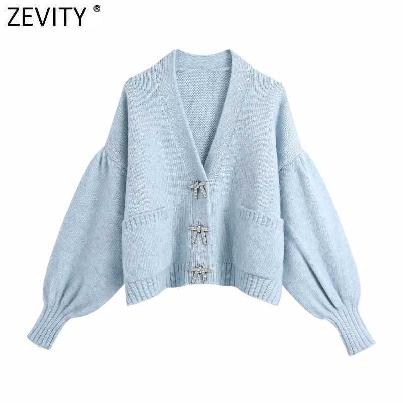 

Zevity Women Fashion Solid Diamond Bow Buttons Leisure Knitting Sweater Femme Chic Lantern Sleeve Casual Cardigan Tops S632 210603, Bb s632l