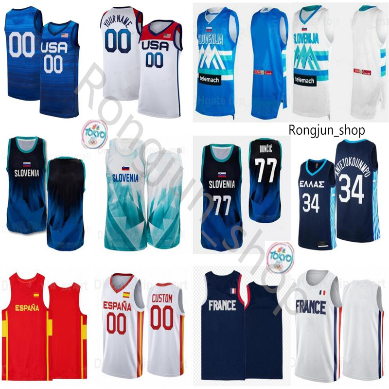 

2021 Printed Basketball Jersey Tokyo Olympics Slovenia Greece France Spain USA Doncic 77 Luka Edo Muric Mike Tobey Zoran Dragic Vlatko Canca, Black;red