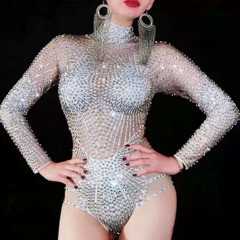 

Stage Wear Women's Rhinestones Stretch Bodysuit Nightclub Bar Show Celebrate Outfit Dance Soul Performance Costume, Silver