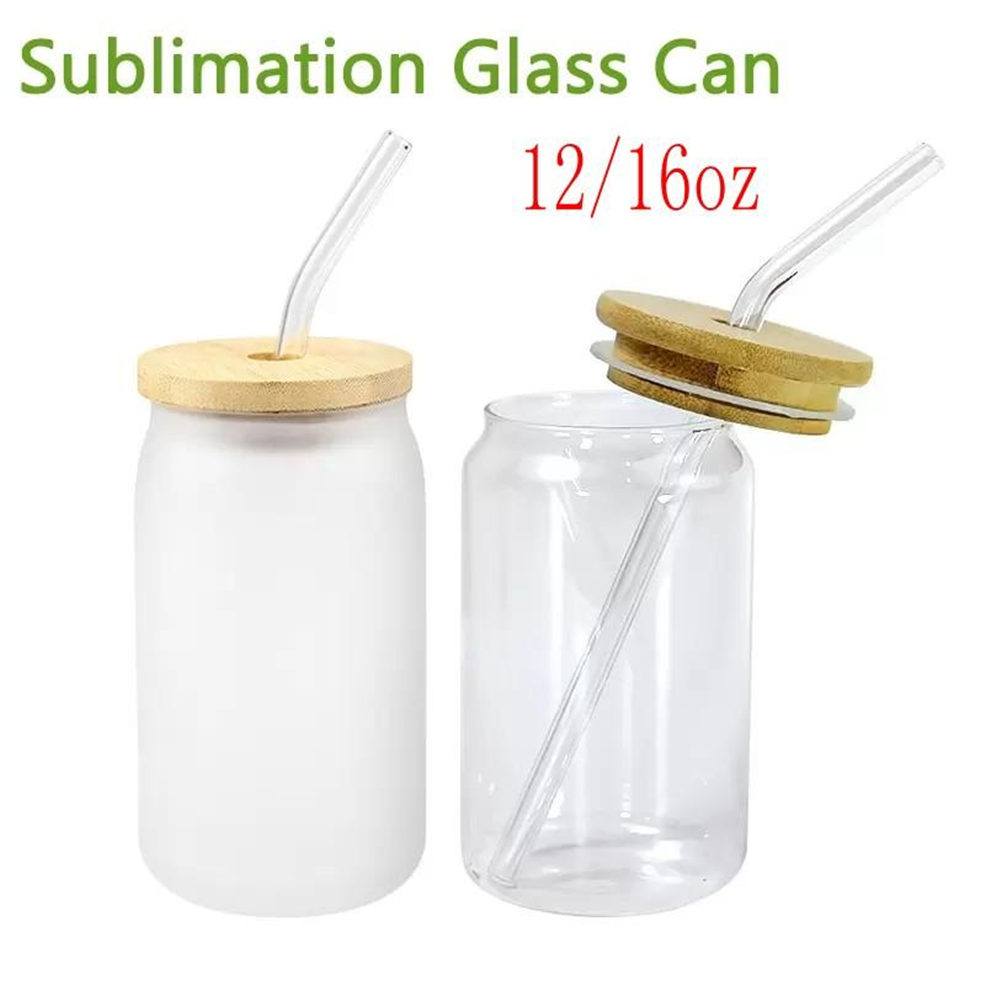 

12oz 16oz Sublimation Glass Cola Can Tumbler Clear Frosted Jar with Bamboo Lid Wide Mouth Beer Cup Festival Party Wine Tumblers Stock