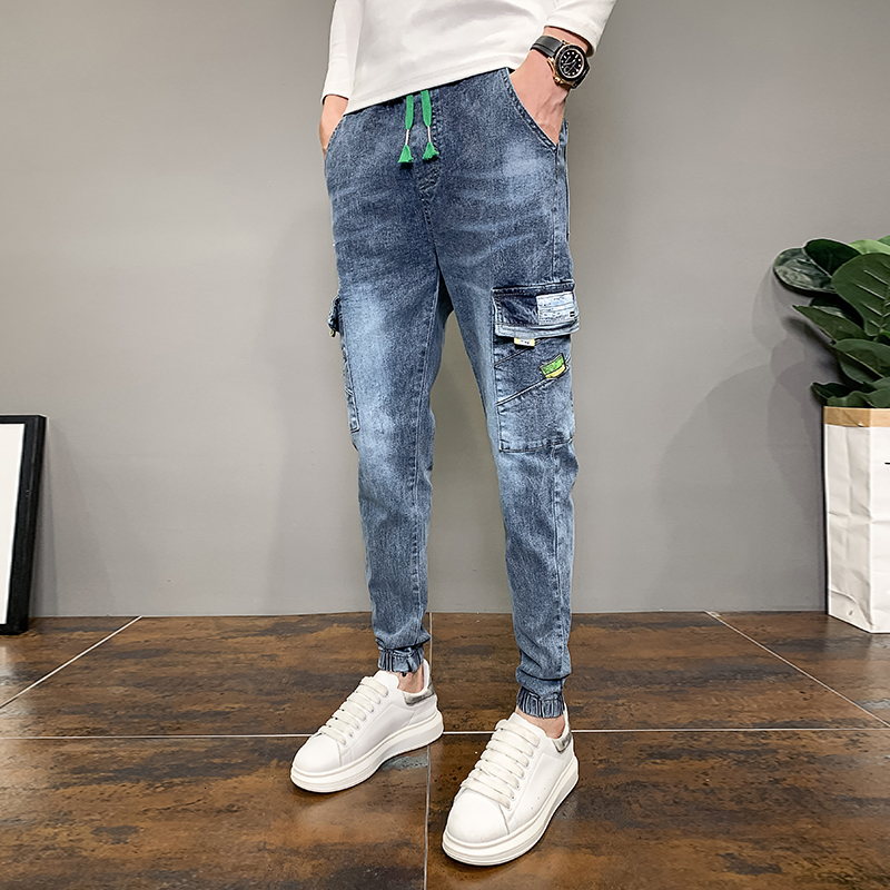 

2021 New Quente Simples Denim De Carga Roupas Masculinas Moda Bolsos Laterais Calas Jeans Casuais Corredores Hip Hop Streetwear Venda Sr24, Blue