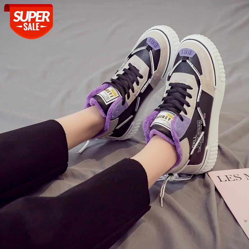 

2020 Winter New Korean Slip on Shoes for Women Flats Sneakers Women Purple Leather High-top Casual Shoes Keep Warm Plush Ladies #4P35