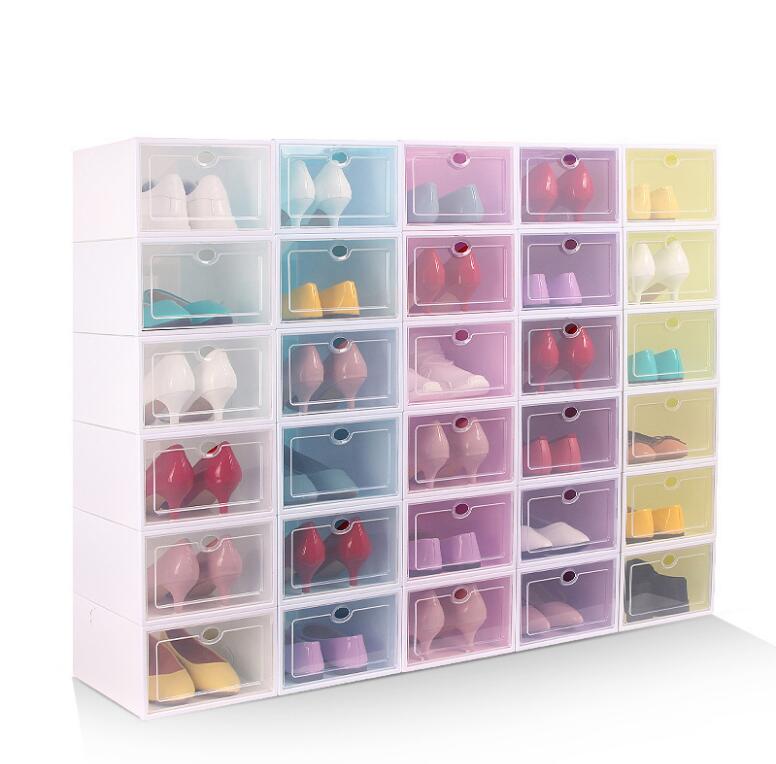 

designer shoe Thicken Clear Plastic Shoe Box Dustproof Shoe Storage Box Flip Transparent Shoes Boxes Candy Color Stackable Shoes designer 88, 6 colors