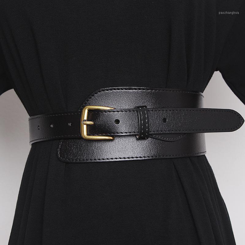 

Belts Women Black Leather Corset Belt Spring Summer 2022 Fashion Metal Gold Buckle Asymmetric Wide Cinturon Mujer, Black;brown