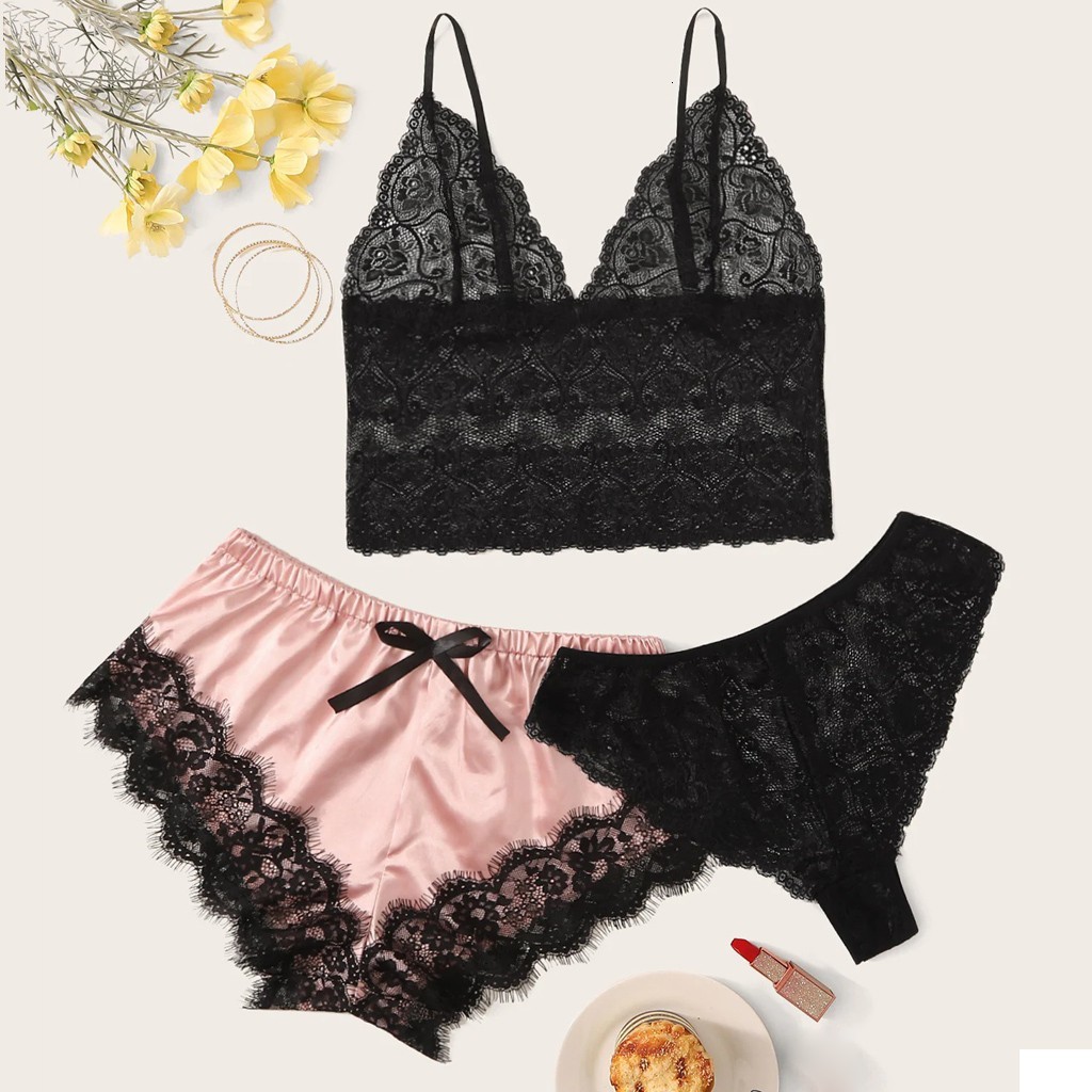 

Sexy Ees Beha and Panty Set for Women Intimate Underwear Lingerie Bralet Ladies Mesh Sheer Nightwear Female Bras Cats Panties, Black