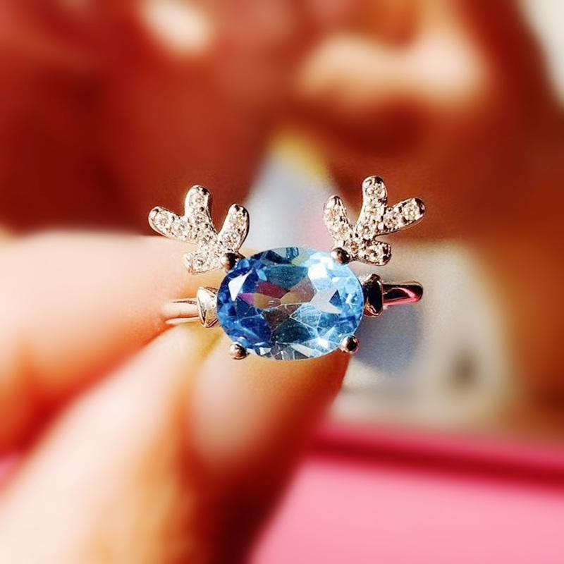 

Cluster Rings Natural Real Blue Topaz Deer Style Ring Per Jewelry 6*8mm 1.6ct Gemstone 925 Sterling Silver Fine T20898, Golden;silver