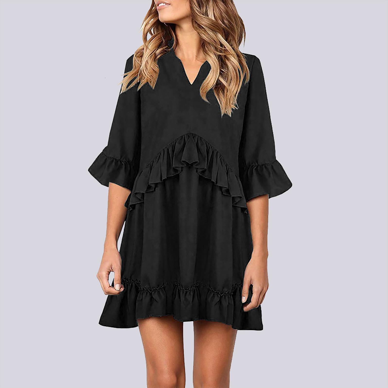 

fashion solid v neck lantern women dress long sleeve flowy swing shift loose femme bodycon female clothing vrouw jurk, Black;gray