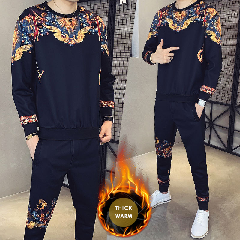 

2021 New High Quality 2 Piece Set Thick Warm Winter Tracksuit Men Golden Print Pullover Plus Veet Sweat Suit Moda Vayx, Tz0219