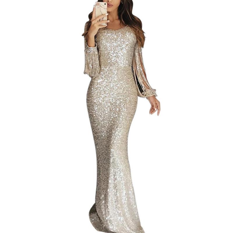 

Casual Dresses Plus Size Chic Women Sequined Tassel Long Sleeve V Neck Bodycon Party Sexy Maxi Dress, Black