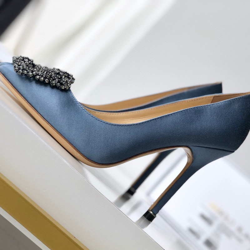 

Pointed Toe Square Crystal Buckle Silk High Heels Top quality Designer Party Wedding Shoes Rhinestone Bride Women Ladies Sandals Fashion Sexy Dress Shoes Flat Box, Fog blue