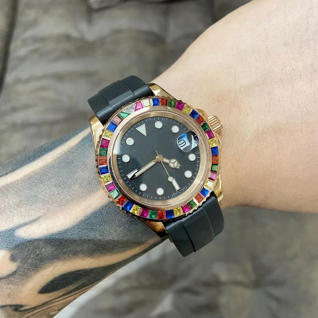 

Diamond wristwatches automatic table between men and women crime 18 k plating diameter of 40 mm tape watch blue gem glass 2813 movement ceramic rotating ring, Make waterproof