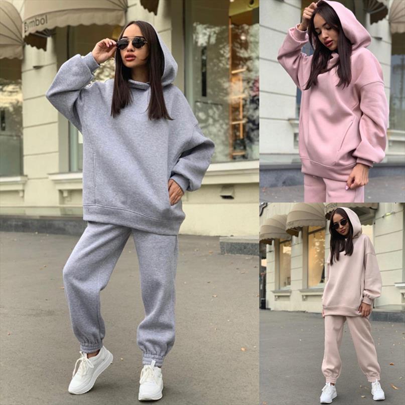 

autumn winter suit thickened plus womens pants velvet pullover hooded y2k sports two piece tracksuit trousers jogging femme, White
