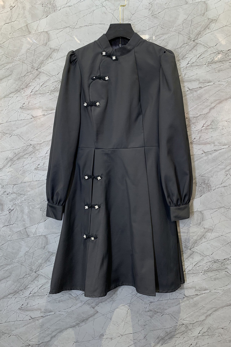 

Chinese Style Frog Button Dress Womens Clothing Autumn European and American New Elegance Retro Elegant Short Skirt 9DD, Black