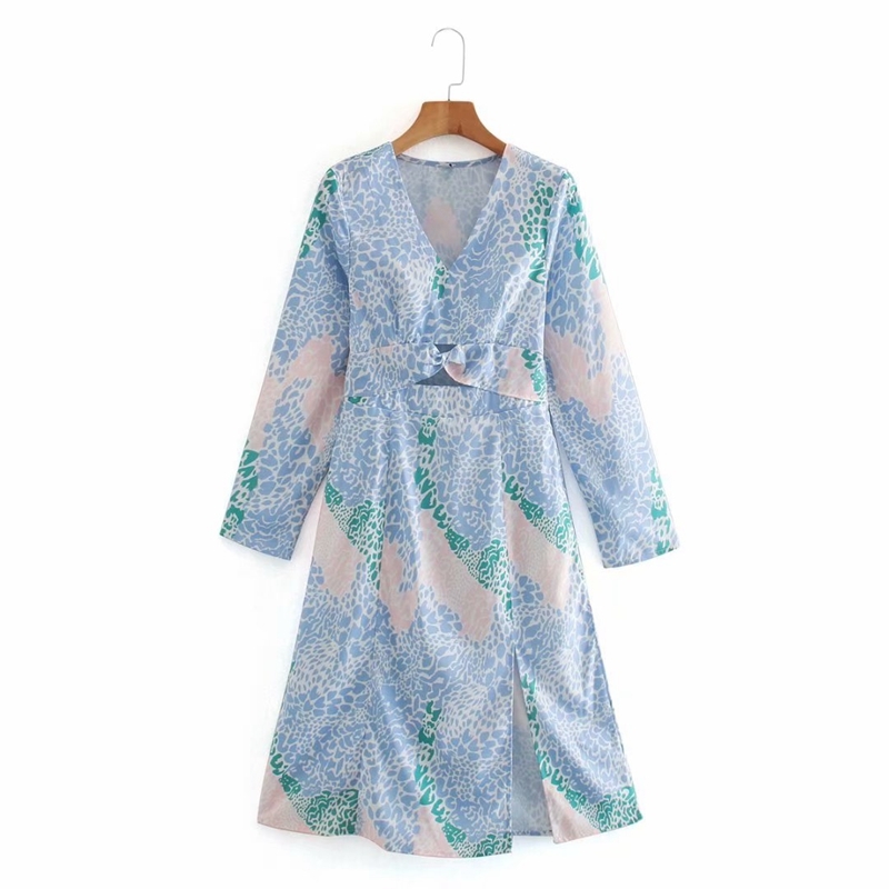 

Women Elegant Spring V neck Flora Dress Long Sleeves Split Knee Length Female Hollow Out Temperament NX9862 210525, Sky blue