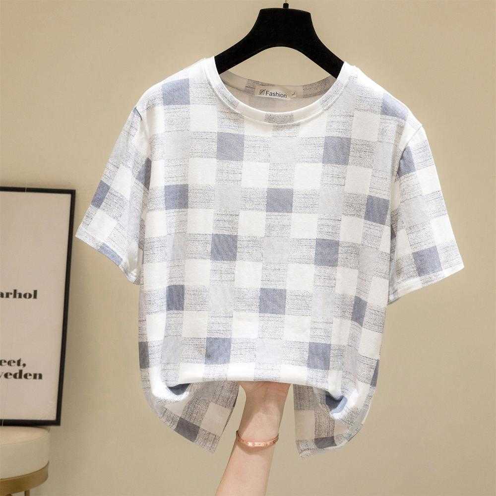 

Casual Loose Oversize Korean Style Cartoon Alpaca Animal Plaid Summer Short Sleeve Women Top Female T-shirts Black White 210604