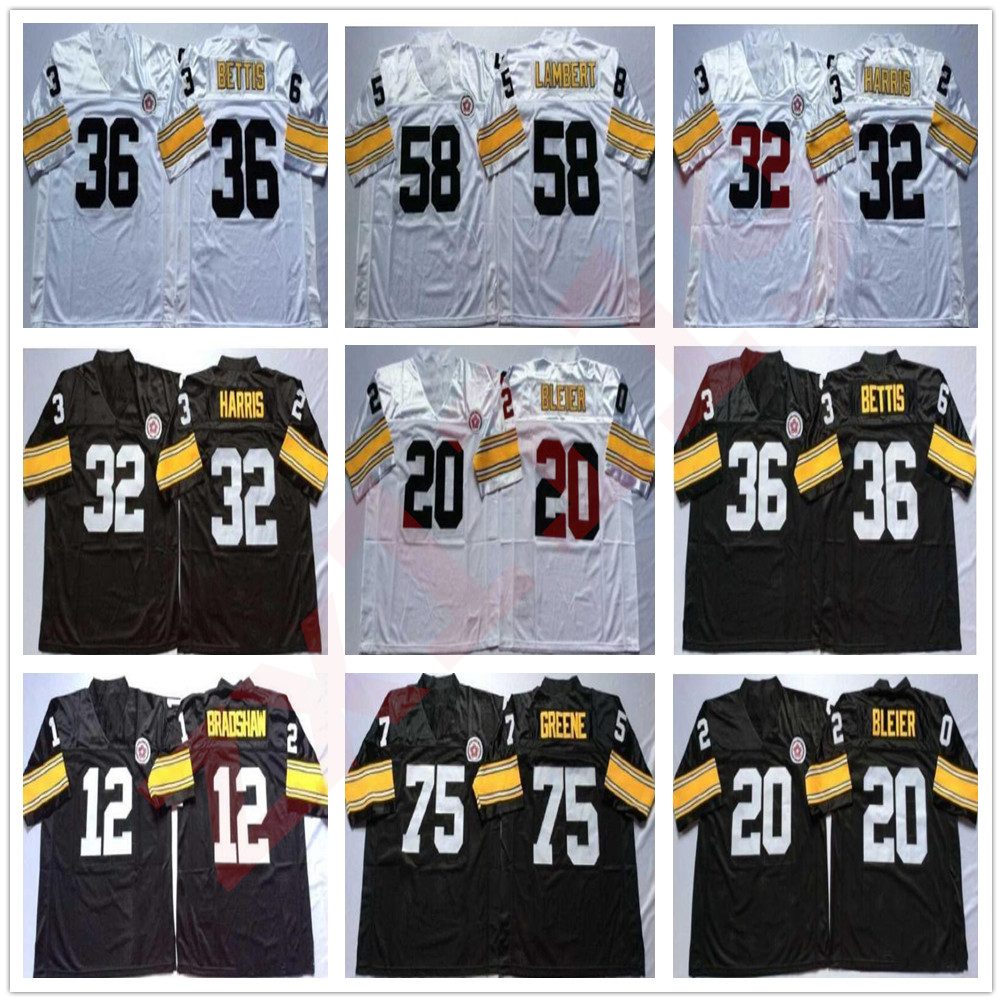 

Football Jersey 12 Terry Bradshaw 20 Rocky Bleier 32 Franco Harris 36 Jerome Bettis 58 Jack Lambert 75 Joe Greene White Black Home Away Jerseys, As pic