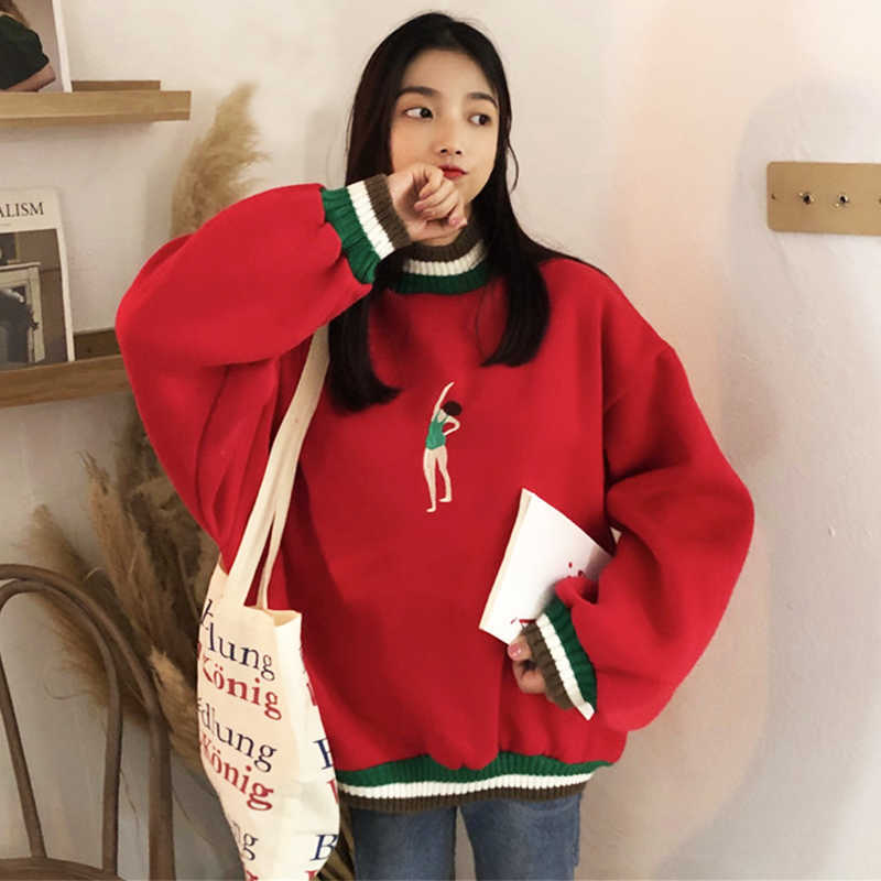 

Harajuku female yellow funny Korean embroidery cartoon ulzzang winter high collar long sleeve cute large size Sweatshirts 210608, Random color