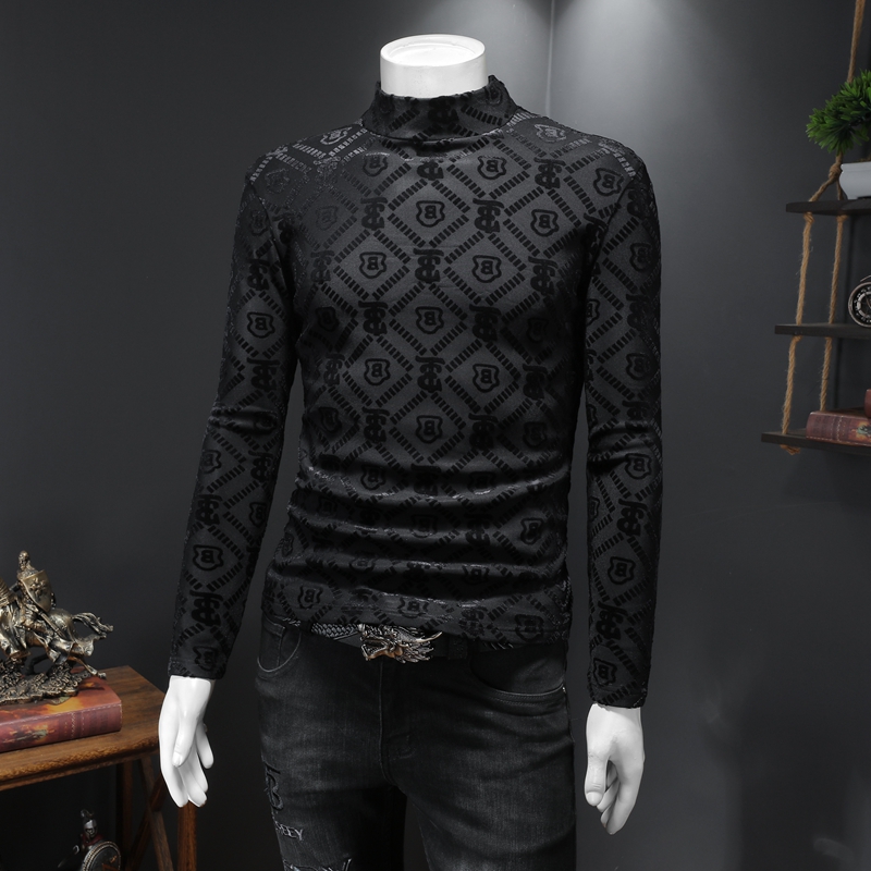 

Tide brand winter men's tops gold velvet striped print T-shirt letter pattern 2023 new Korean version half turtleneck light luxury fashion bottoming shirt, Black