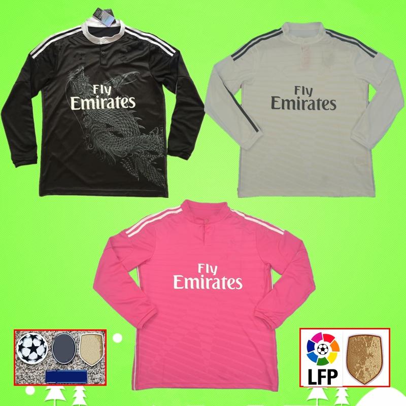 

2014 2015 long sleeve Real Madrid retro soccer jersey full 14 15 vintage away red third black football shirt Chinese dragon Ronaldo Benzema, Black;yellow